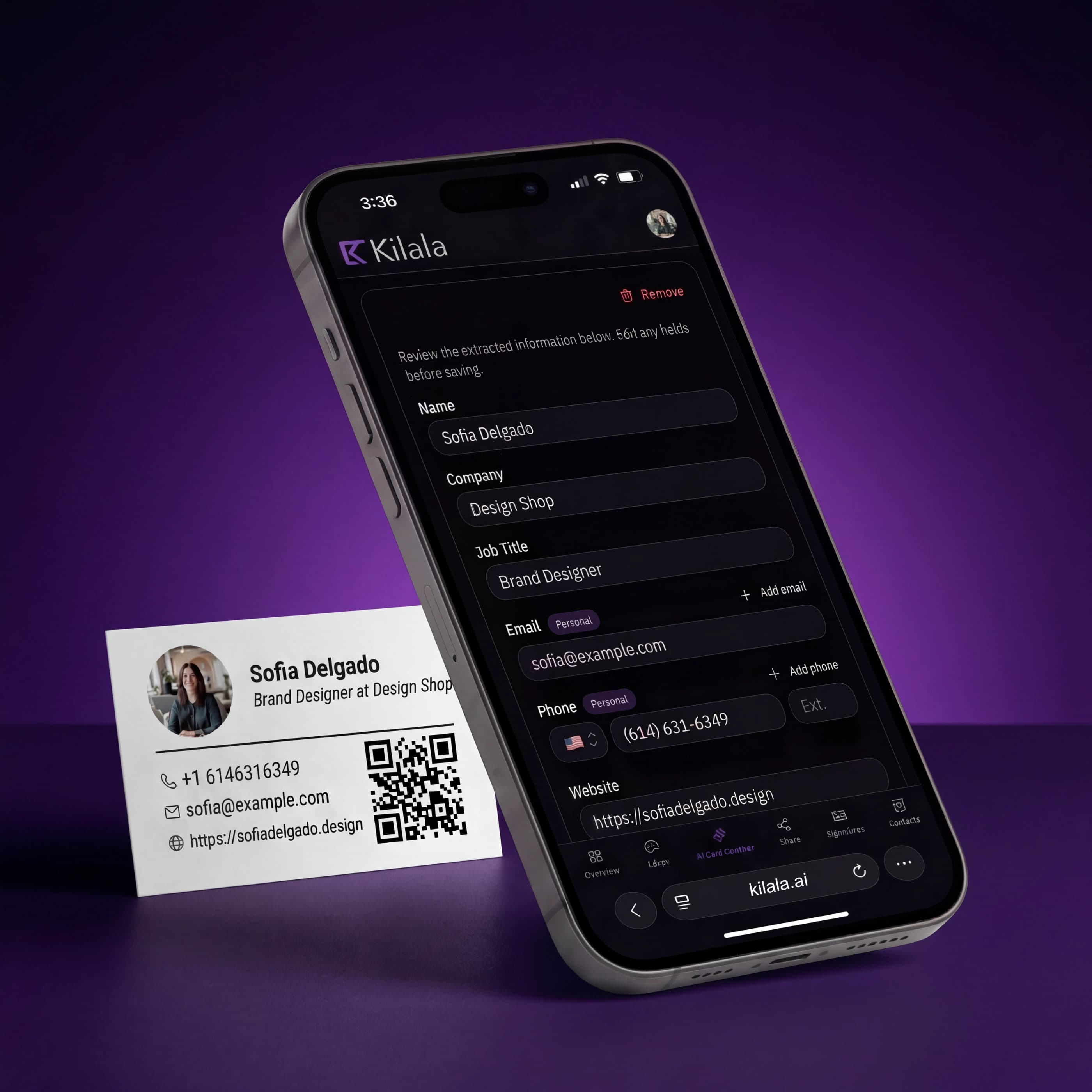 Phone camera scanning a paper business card with extracted info overlay