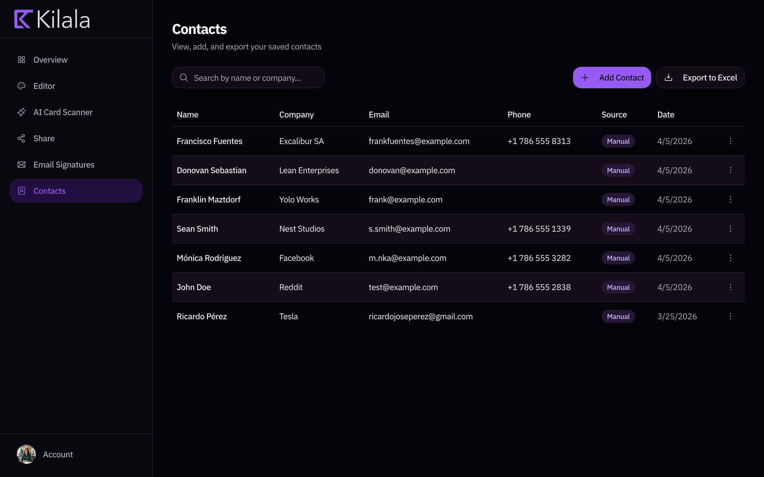 Dashboard showing leads list with export button