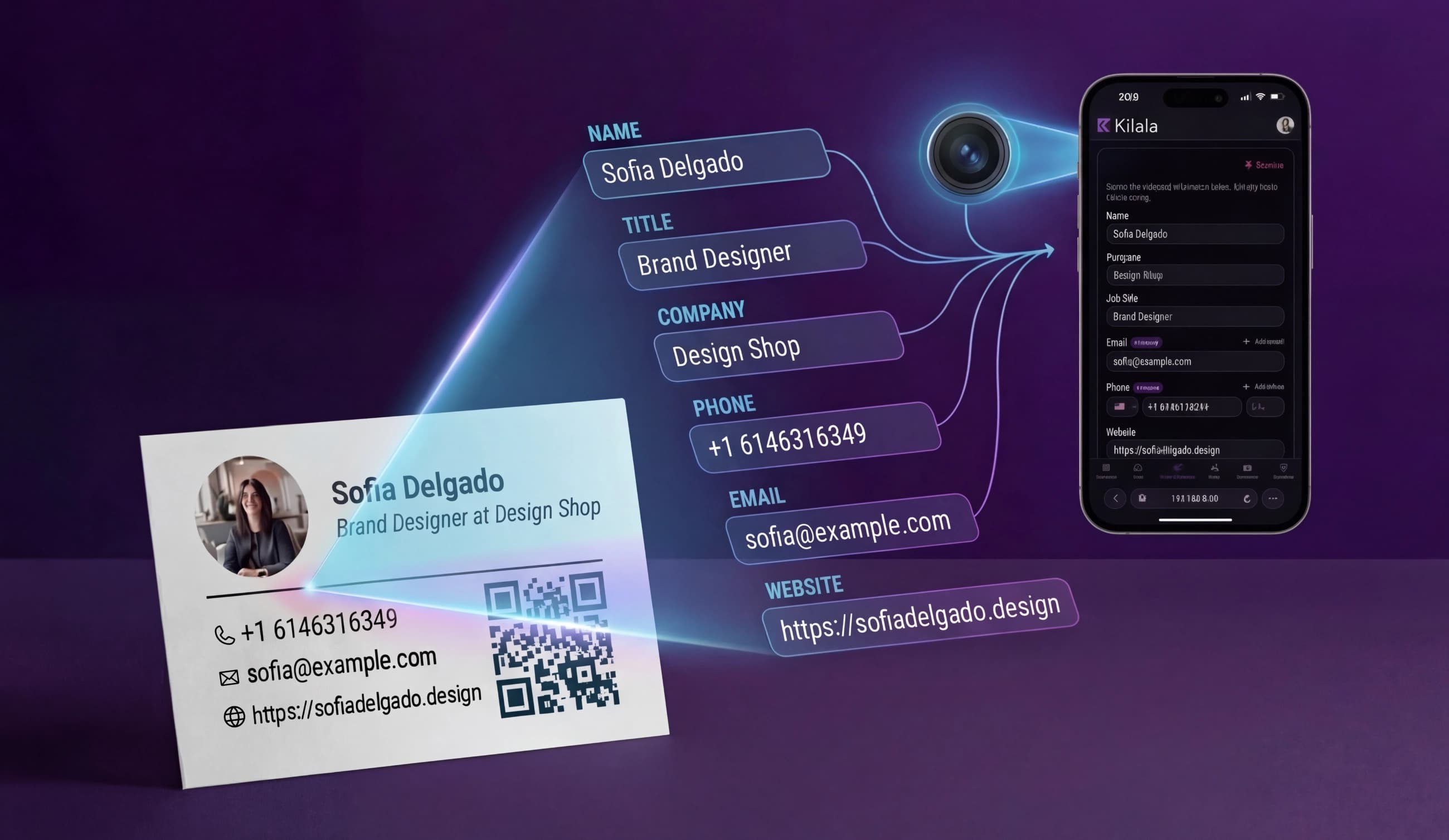 Extracted card data mapped to labeled contact fields