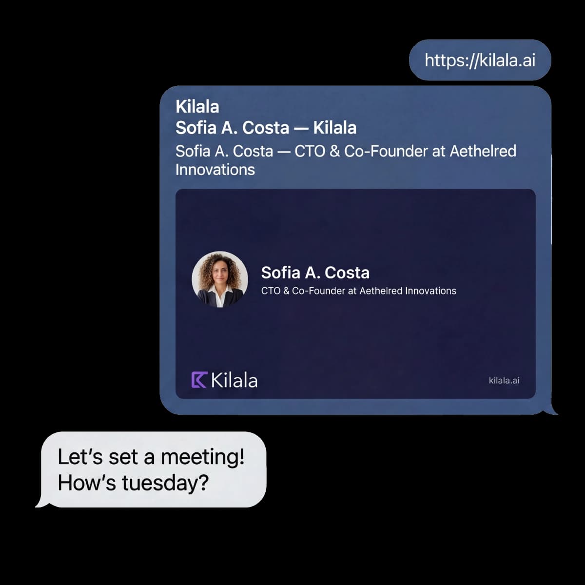 Digital business card follow-up in iMessage showing card preview and conversation