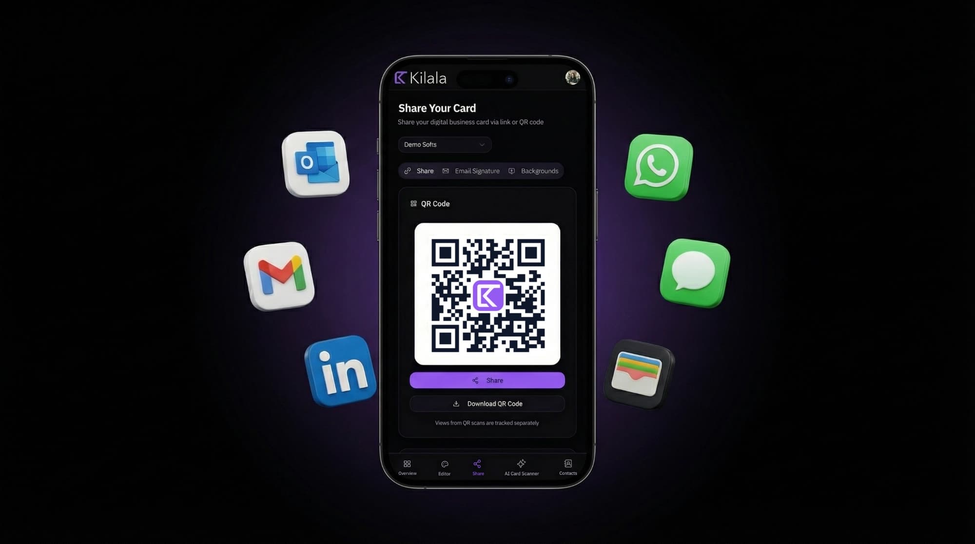 Kilala digital business card sharing with iMessage, WhatsApp, Telegram, Gmail, and Outlook icons