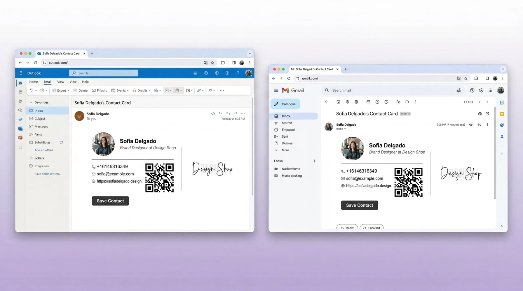 Email signatures shown inside Outlook and Gmail clients