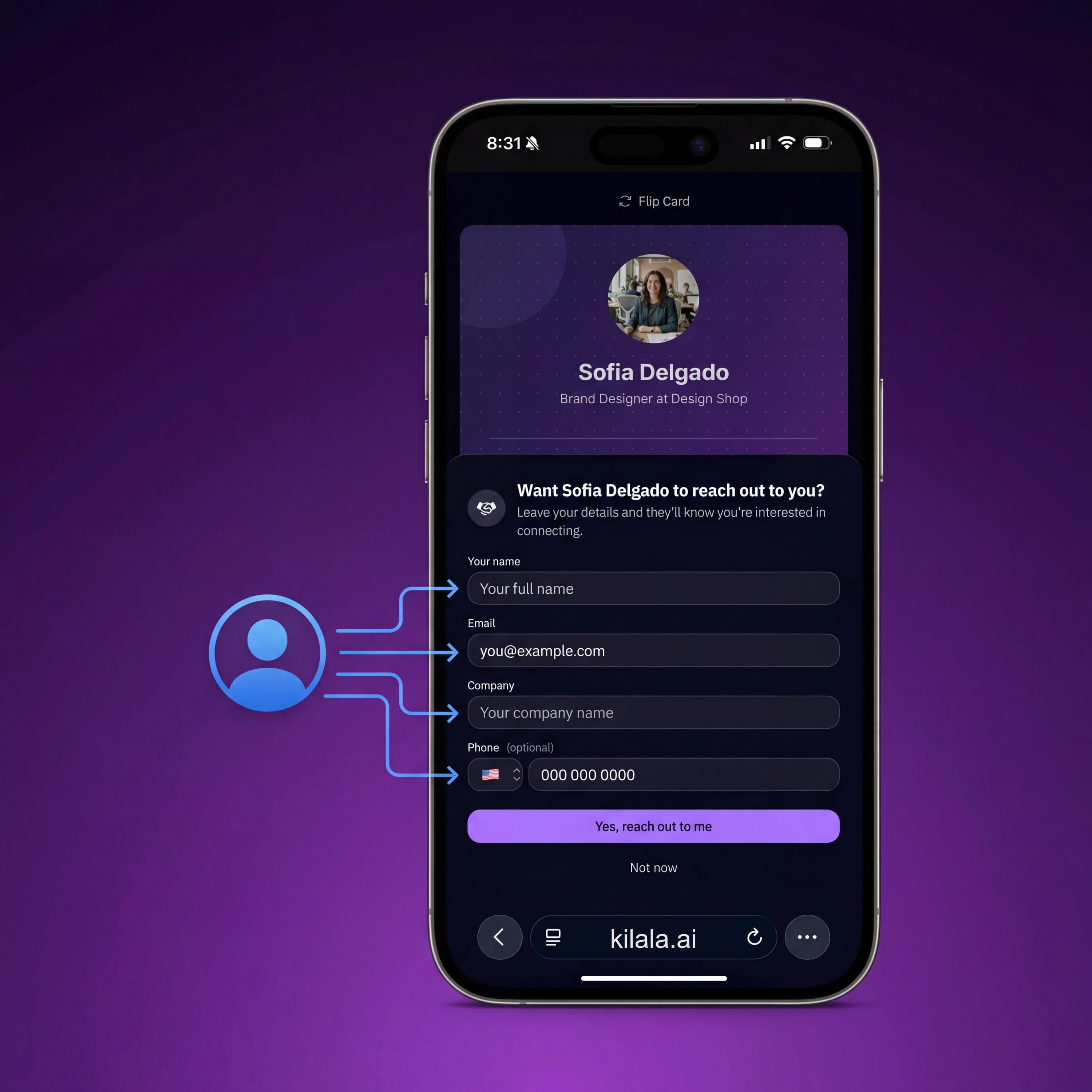 Card page with visible lead capture form highlighted