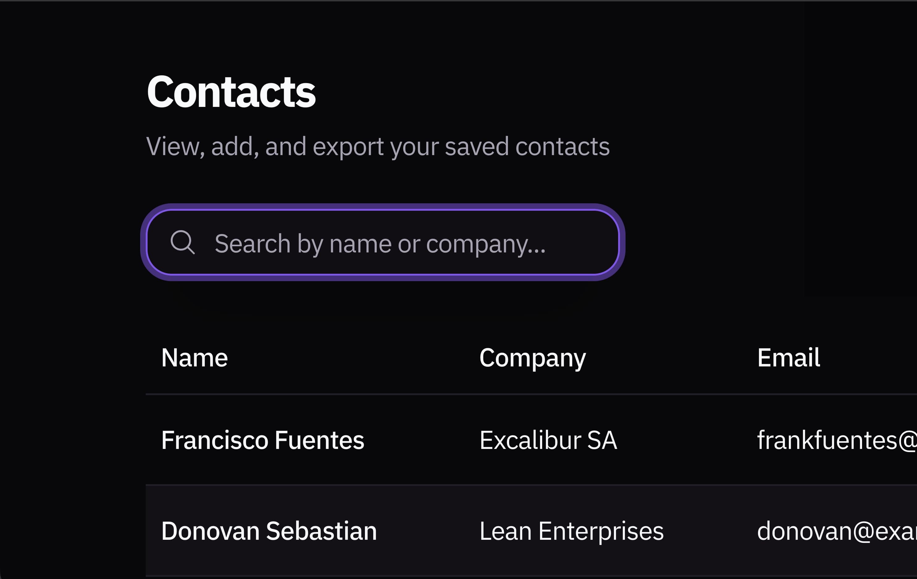 Search bar with filtered results showing matching contacts