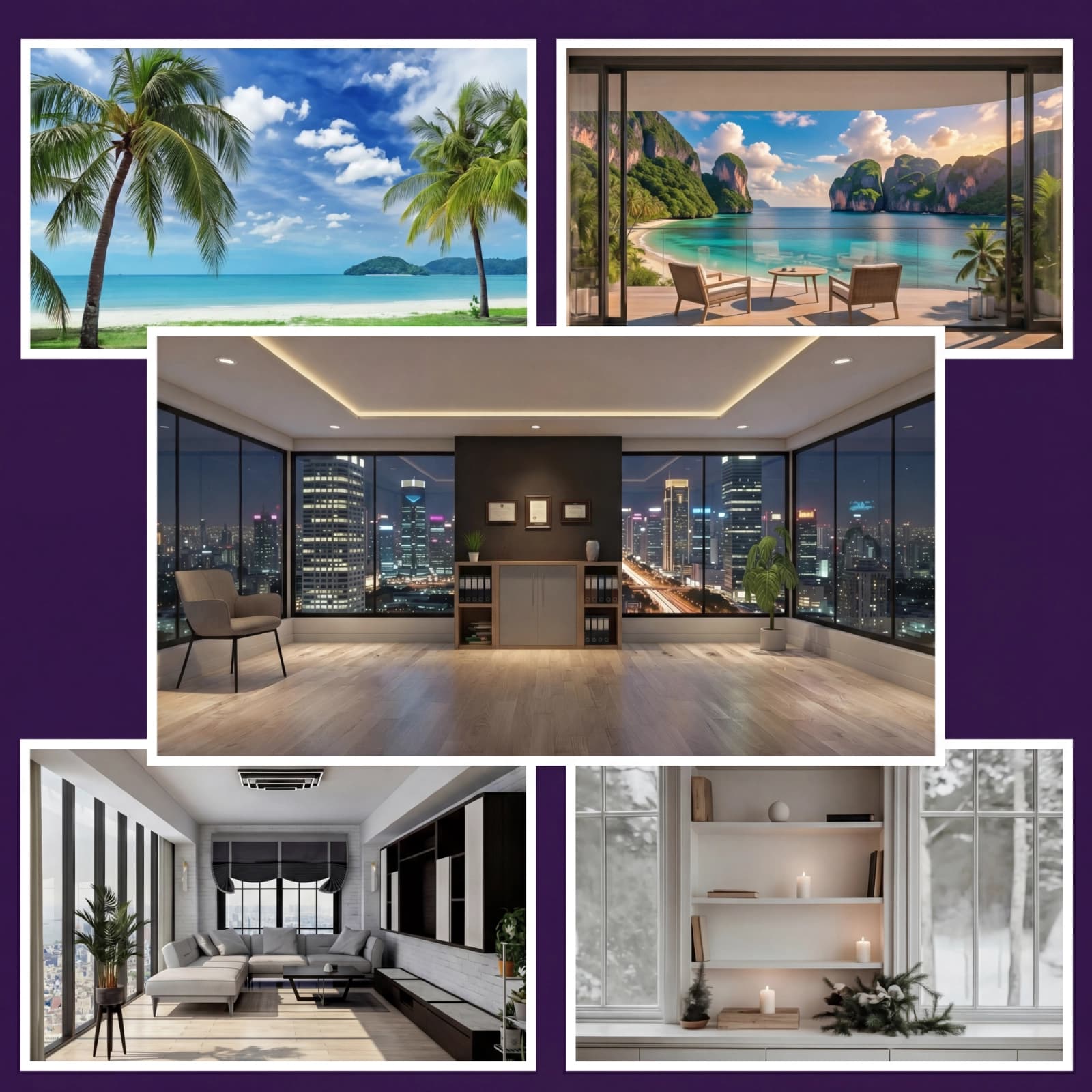 Variety of virtual background scenes including offices, beaches, and minimalist studios