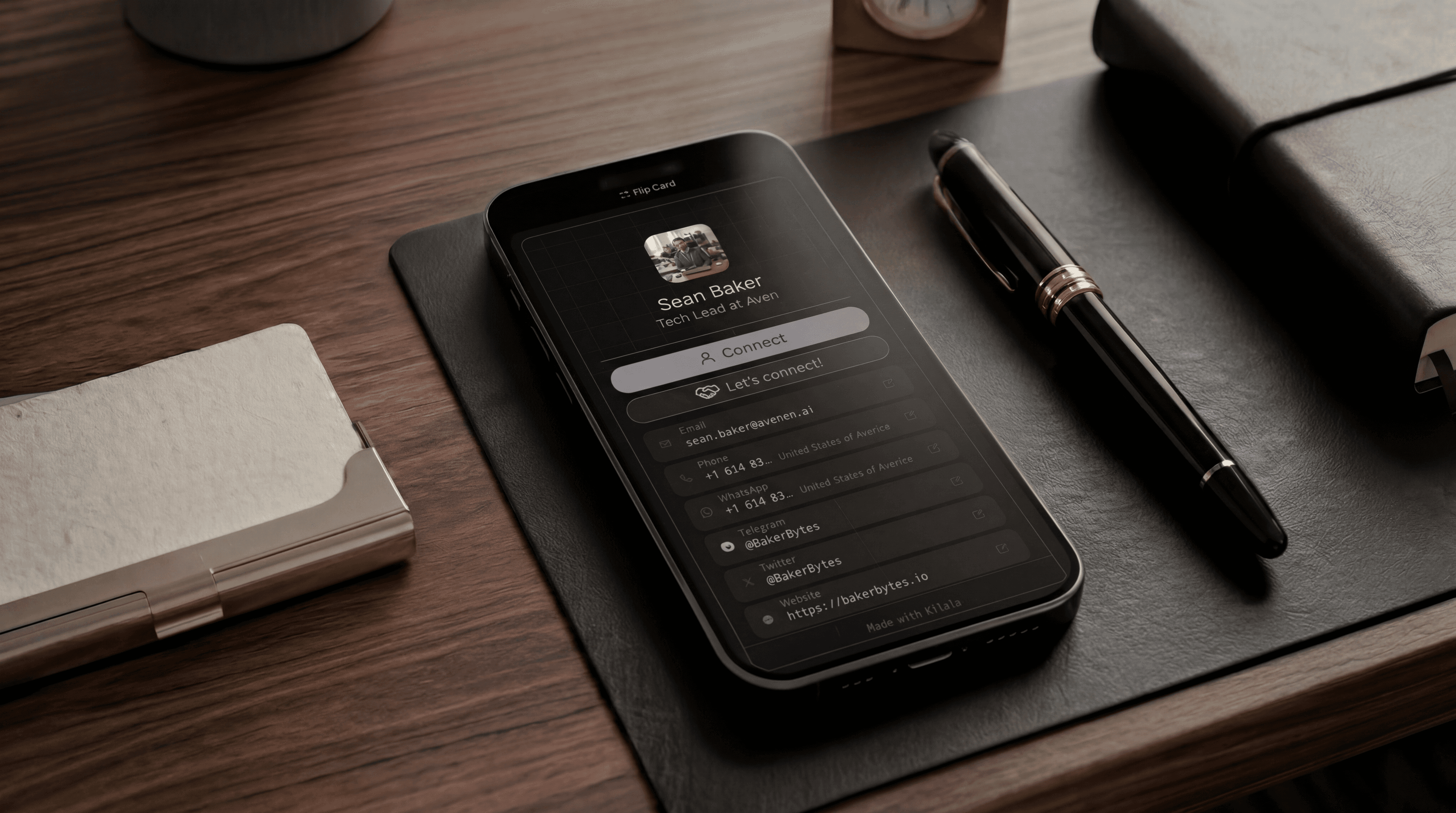 Smartphone displaying a digital business card on a table